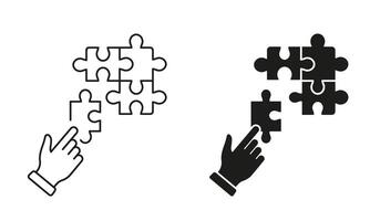 Jigsaw and Human Hand Line and Silhouette Icon Set. Puzzle Strategy Solution, Team Game Sign. Connect Parts of Puzzle Outline. Editable Stroke. Isolated Illustration vector