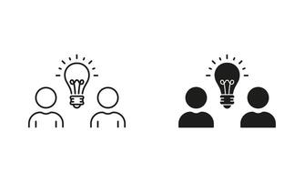 Team and Light Bulb, Teamwork Icon. Innovation, Solution Sign. Business Idea Line and Silhouette Icon Set. Creative Community with Lightbulb Symbol. Editable Stroke. Isolated Illustration vector