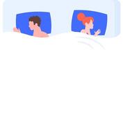 Young couple sleeping back to back in separate beds on blue pillows and under white blanket, depicting relationship problems, separation, and lack of intimacy vector