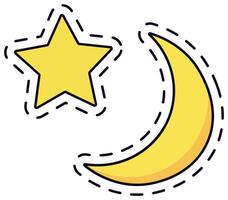 Charming illustration of a yellow star and crescent moon, outlined with dashed lines, resembling a patch. Perfect for themes of magic, night, and celestial whimsy in fashion and design vector