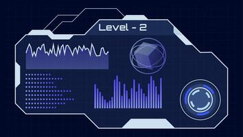 Futuristic hud interface showing level 2 with charts, loading diagnostic display, digital infographic ui elements and a rotating cube on a grid background illustration vector