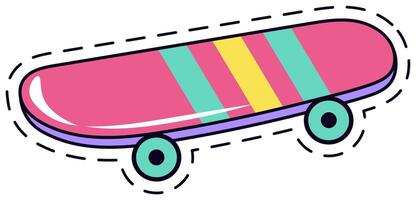 Vibrant skateboard patch featuring a pink deck with yellow and teal stripes, outlined in a playful dashed border. Perfect for adding a retro touch to clothing or accessories vector