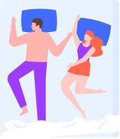 Young romantic couple sleeping in bed at night, wearing pajamas, dreaming and holding hands, night sleep position isolated illustration set vector