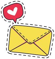 Vibrant illustration of a yellow envelope with a playful heart speech bubble, designed as a cute patch badge. Perfect for adding a whimsical touch to fashion or digital designs vector