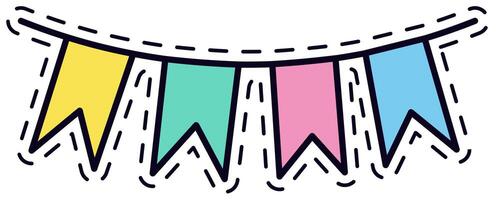 Vibrant bunting flags in yellow, green, blue, pink, and purple create a festive atmosphere. Perfect for celebrations, parties, and events, these flags add a cheerful touch to any occasion vector
