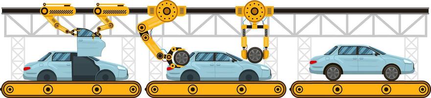 Automated assembly line in a car factory, featuring robotic arms skillfully installing car doors, wheels, and various components onto a car chassis for efficient production vector