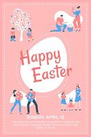 Families celebrating Easter Sunday, wearing bunny ears and picking colorful eggs from a tree while holding giant decorated eggs and filling a wicker basket, set against a pink background vector
