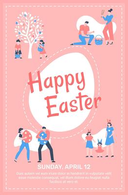 Families celebrating Easter Sunday, wearing bunny ears and picking colorful eggs from a tree while holding giant decorated eggs and filling a wicker basket, set against a pink background