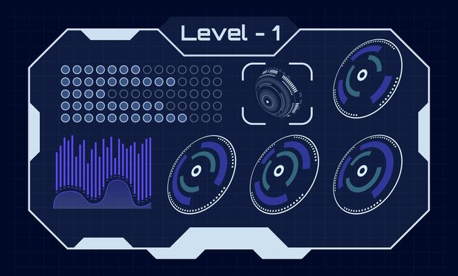 Futuristic hud interface showing level 1 with charts, circles, a technological hologram, loading diagnostic display, digital infographic ui elements on a background illustration