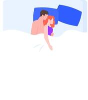 Romantic couple sleeping together under blanket in bed, cuddling each other, man and woman resting in bedroom at night, healthy sleep, comfortable bedclothes, flat style cartoon illustration vector