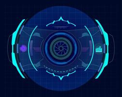 Futuristic virtual screen showing a camera diaphragm and various graphs, resembling a heads up display, with glowing neon lights and a dark, technological background vector