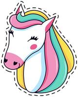 Whimsical unicorn patch featuring a vibrant rainbow mane and cheerful expression. Ideal for adding a touch of magic and fantasy to clothing, accessories, or craft projects vector
