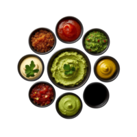 Arrangement of various sauces and dips in small black bowls set against a transparent background. png