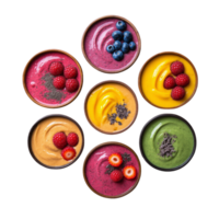 A visually appealing arrangement of seven bowls of vibrant smoothies. png