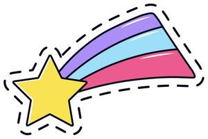 Vibrant patch design featuring a shooting star with a rainbow trail. Perfect for magical and whimsical themes, ideal for fashion accessories or creative projects vector