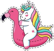 Cute unicorn with rainbow mane joyfully riding a pink flamingo pool float. Fun and whimsical illustration perfect for magical and fairytale themed designs or children's products vector
