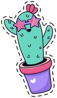 Vibrant cartoon cactus in a purple pot, adorned with playful star shaped sunglasses and a heart detail. The whimsical design features bold colors and a cheerful, fun loving expression vector