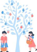 Two joyful children are collecting colorful easter eggs from a stylized tree, holding wicker baskets full of eggs, celebrating the festive holiday season vector