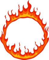 Cartoonish circular frame crafted from vibrant red and orange fire flames, burning brightly against a clean white background, creating a striking and energetic design element vector