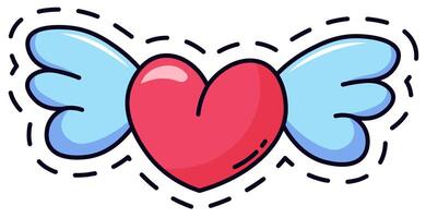 Playful illustration featuring a red heart with blue wings, outlined with dashed lines. Ideal for fashion patches, stickers, or digital art projects seeking a fun and magical vibe vector