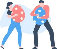 Celebrating Easter, a woman and a man are carefully carrying large, colorful eggs adorned with playful white polka dots, embodying the joy and festivity of the holiday season vector