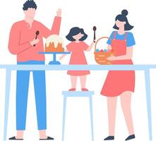 Happy family celebrating Easter, preparing the table with a traditional Easter cake and a basket of colorful eggs, enjoying a festive moment together vector