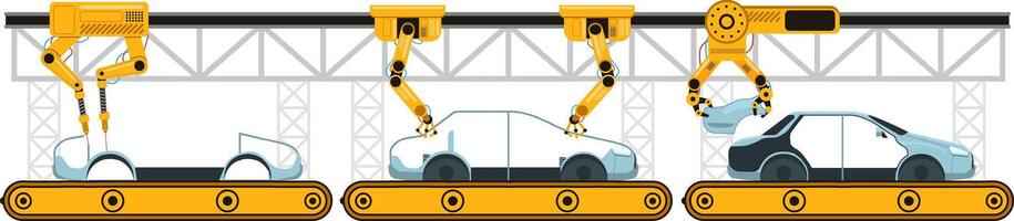 Robotic arms welding and assembling car body parts on an assembly line illustrate the automation process within a car factory, highlighting advancements in manufacturing technology vector