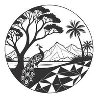 Peacock Landscape in Round Shape Designs vector