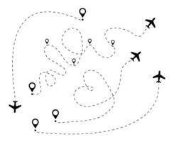Set of plane flight path, dashed line airplane route, Different of Aircraft trace with map pin, Flying heart shape vector
