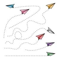 Colored paper airplanes with a dashed flight path set vector