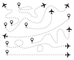 Dashed line airplane route set, Different plane with path flying from map pin, Aircraft traffic trace destinations vector