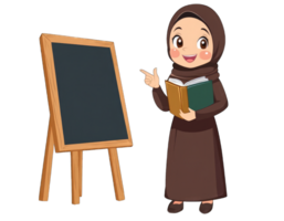 Smiling girl in hijab holds a book and points to a blackboard transparent background png