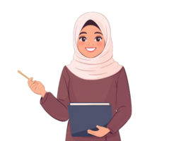 Happy young Muslim woman in hijab holding a folder and pointer ready to teach Use for educational websites or presentations png