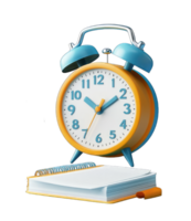 A cheerful yellow and blue alarm clock sits beside a notepad perfect for planning your day and boosting productivity Use it for school supplies or office organization. png