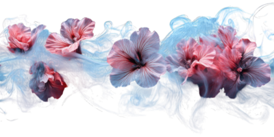 Pink and blue flowers float on a dreamy blue smoke background creating a serene and artistic image Perfect for digital art prints and website banners. png
