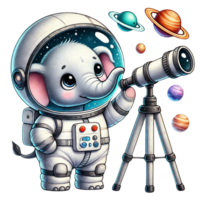 Cute elephant astronaut exploring outer space with a telescope. watercolor clipart cartoon png