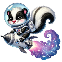 A cute skunk astronaut exploring outer space on a rocket. watercolor clipart cartoon png