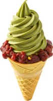 Matcha Soft Serve Cone with Red Bean Paste Topping, Refreshing Japanese Dessert Delight png