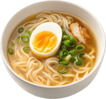 Steaming Bowl of Savory Japanese Ramen Noodles with Soft Boiled Egg and Fresh Scallions Appetizing png
