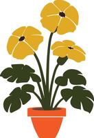 A silhouette illustration of a unique flower plant with a flower pot, set against a white background. The plant has large, round, and bright yellow flowers with a dark center. vector