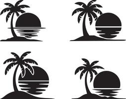 A minimalist silhouette logo design featuring a single elegant palm tree with slightly curved fronds, positioned on a small island or shoreline. vector