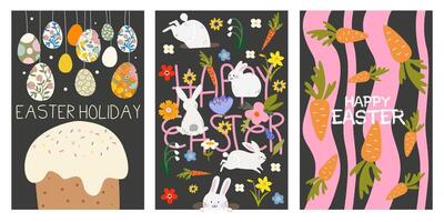 Set of Happy Easter abstract poster in retro cartoon style. Spring holiday. Easter cake, eggs, rabbits and wild flower vector