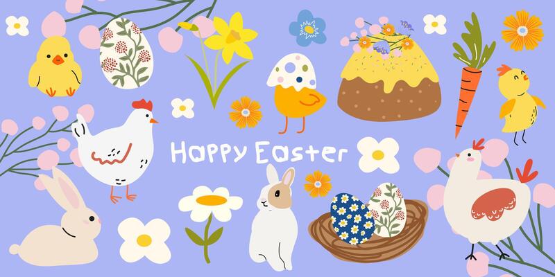 Celebrate the spring holidays. Happy Easter cartoon stickers. Rabbits, eggs, easter cake, wild flowers