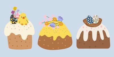 Easter cake set with glaze and sprinkles, chocolates and easter eggs vector