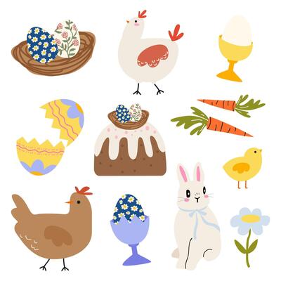 Set of Easter holiday cartoon elements. White bunny, rabbit, easter cake, chiken, eggs, traditional food, spring flowers. Stickers for holiday decoration and spring greeting cards