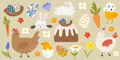Set of Happy Easter cartoon stickers in retro flat style. Spring elements, little chicken, white rabbits, eggs, easter cake vector