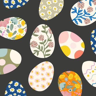 Happy Easter. Cute pattern with Easter eggs with abstract flowers for print, greeting cards. Spring holiday. illustration on a black background