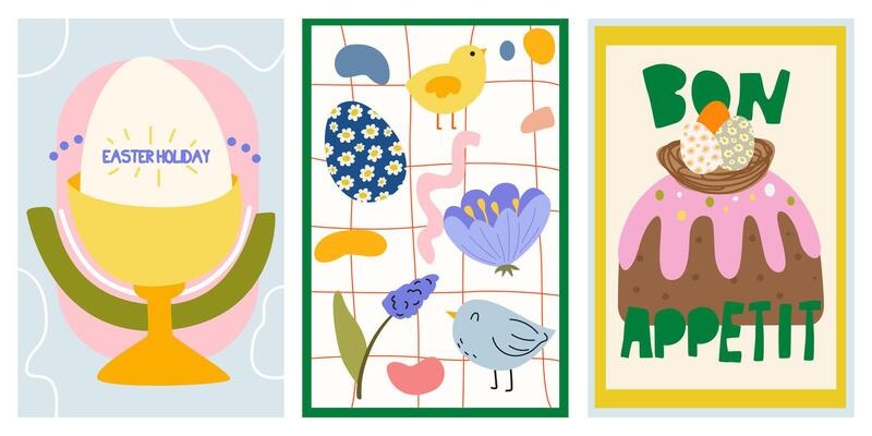Abstract Easter retro poster with Easter cake, eggs, chicken, flowers