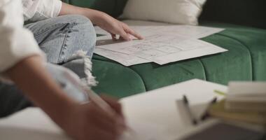 Female architect checking drafts and making notes video