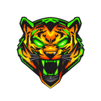 a green orange tiger head with glowing eyes on a transparent background png